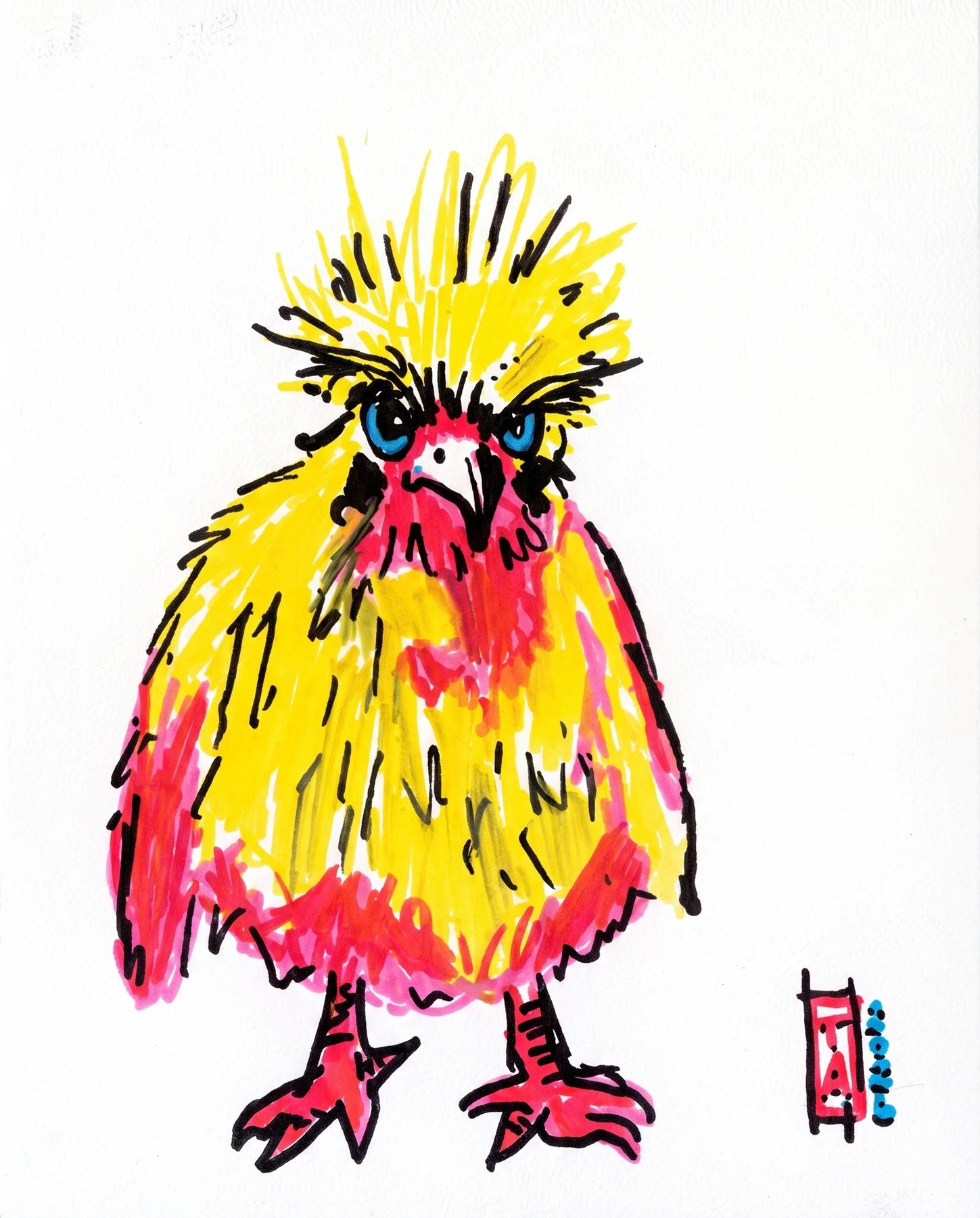 Birdbrains by Trevor Amaral (HUMANMINK), a bold expressionist bird painting in bright yellow, pink, black and blue with sketchy ink lines and playful attitude.