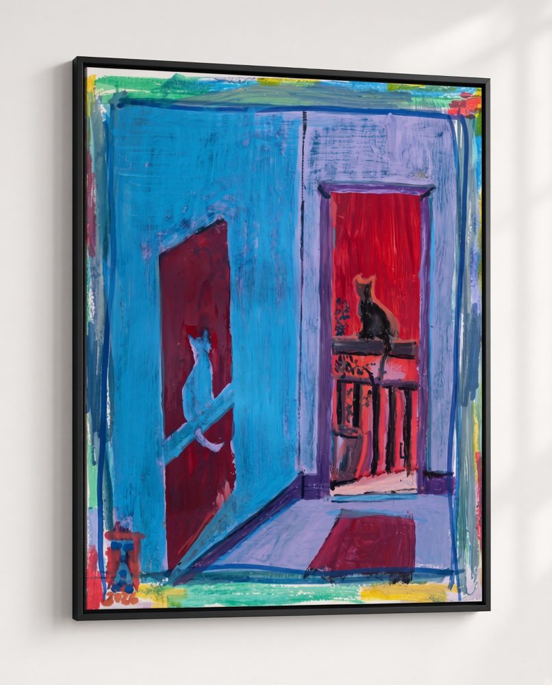 Cats in Doorways, a blue and red HUMANMINK painting of two cats in open doorways, framed on a wall