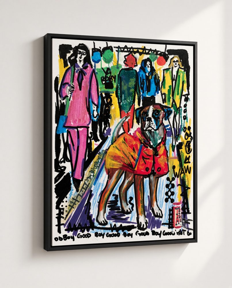 Georgio, a HUMANMINK painting of a boxer dog in a red coat on a busy city street, framed on a wall