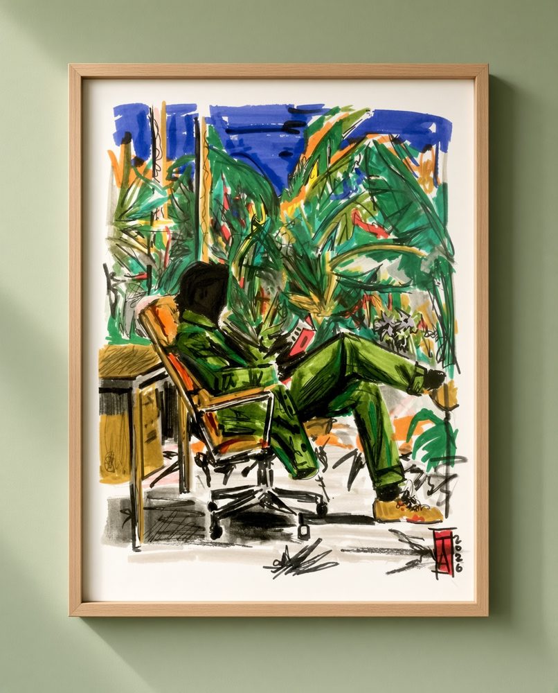 Habitas, a lush green HUMANMINK painting of a figure among overgrown plants, framed on a wall